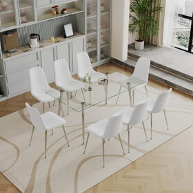 Dining Table Set of 9, 0.32" Thick Tempered Glass Top Dining Table with Metal Legs and Eight Fabric Dining Chairs, Table Size: 62.99" L x 35.43" W x 29.92" H W1241S00231
