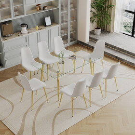 Dining Table Set of 9, 0.32" Thick Tempered Glass Top Dining Table with Metal Legs and Eight Fabric Dining Chairs, Table Size: 62.99" L x 35.43" W x 29.92" H W1241S00235