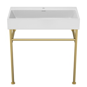 30" Bathroom Console Sink with Overflow,Ceramic Console Sink White Basin Gold Legs