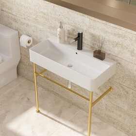 32" Bathroom Console Sink with Overflow,Ceramic Console Sink White Basin Gold Legs