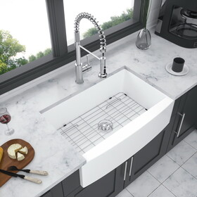 White Farmhouse Sink - 33 inch White Kitchen Sink Ceramic Arch Edge Apron Front Single Bowl Farm Kitchen Sinks W1243132015