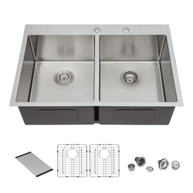 Double Bowl (50/50) Drop in Sink - 33"x22"x10" Stainless Steel Kitchen Sink 16 Gauge with Two 10" Deep Basin W1243142562