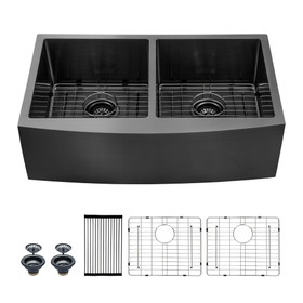 Farmhouse Sink Double Bowl - Mocoloo 33"x21" Gunmetal Black Undermount Apron Front Kitchen Sink 16 Gauge Stainless Steel Farm Style Offset Drain with Two Equal Basin 10" Deep W124359401