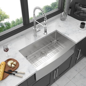 33 Brushed Nickel Farmhouse Sink - 33 inch Kitchen Sink Stainless Steel 16 Gauge Apron Front Kitchen Sink W124370788