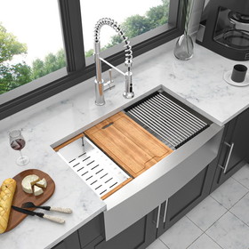 30 Farmhouse Sink Workstation - 30 inch Kitchen Sink Stainless Steel 16 Gauge Apron Front Kitchen Sink W124371002