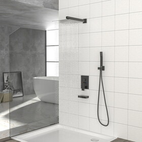12" Rain Shower Head Systems with Waterfall Tub Spout, Matte Black,Wall Mounted shower