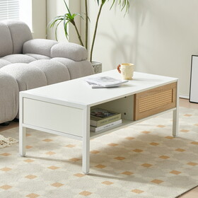40.16" Rattan Coffee table, sliding door for storage, metal legs, Modern table for living room, white W1265121739