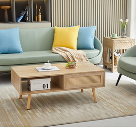 41.34" Rattan Coffee Table, Sliding Door for Storage, Solid Wood Legs, Table for Living Room, Natural