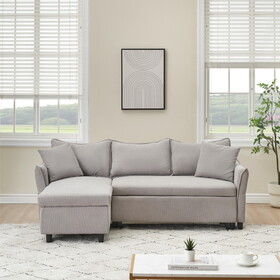 This 80-inch gray corduroy L-shaped sofa comes with two small throw pillows that can be converted into a sofa bed for storage