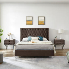 B100S Queen Bed, Button Designed Headboard, Strong Wooden Slats + Metal Legs with Electroplate W130254221