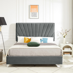 B108 Queen bed Beautiful line stripe cushion headboard, strong wooden slats + metal support feet, Gray Flannelette W130254240