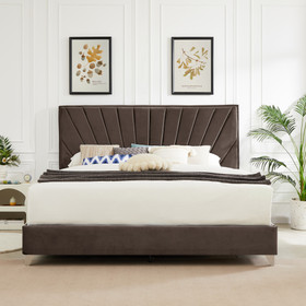 B108 Full Bed Beautiful Line Stripe Cushion Headboard, Strong Wooden Slats + Metal Legs with Electroplate W130254241