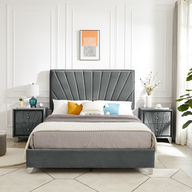 B108 Full Bed with One Nightstand, Beautiful Line Stripe Cushion Headboard, Strong Wooden Slats + Metal Legs with Electroplate W1302S00005