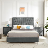 B108 Full Bed with Two Nightstands, Beautiful Line Stripe Cushion Headboard, Strong Wooden Slats + Metal Legs with Electroplate W1302S00006