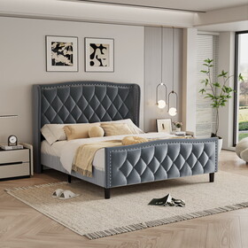 Full Size Bed Frame, Modern Upholstered Platform Bed with Wingback Headboard, Velvet Bed Frame with Wood Slat Support, Easy assembly, No Box Spring Needed(Gray, Full)