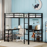 Full Metal Loft Bed with Desk and Shelves, Loft Bed with Ladder and Guardrails, Loft Bed Frame for Bedroom, Black (Pre-sale date: February 9th.) W1307S00018