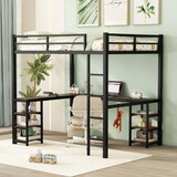 Full Metal Loft Bed with Desk and Shelves, Loft Bed with Ladder and Guardrails, Loft Bed Frame for Bedroom, Black