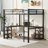Full Metal Loft Bed with Desk and Shelves, Loft Bed with Ladder and Guardrails, Loft Bed Frame for Bedroom, Black with Vintage wood-colored desk