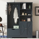 Multi-functional Hall Tree with Storage Shelves Drawers and Cabinet, Elegant Hallway Shoe Cabinet with Bench, Modern Coat Rack with Hooks for Hallway Entryways, Antique Blue P-W1307S00033