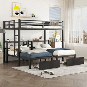 FULL XL over Twin & Twin Triple Bunk Bed with Drawers,multi-functional metal frame bed, bed head with shelving, black