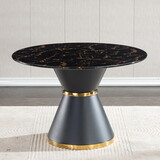 Black Marble Printed MDF Round Dining Table, Black Columnar Base with Gold Annulus(Not Including Chairs)