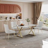 White Rectangular Marble Printed MDF Top Dining Table with Gold Finish Stainless Steel Base W1311S00058
