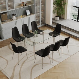 Dining Table Set of 9, 0.32" Thick Tempered Glass Top Dining Table with Metal Legs and Eight Fabric Dining Chairs, Table Size: 62.99" L x 35.43" W x 29.92" H W1311S00113