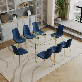 Dining Table Set of 9, 0.32" Thick Tempered Glass Top Dining Table with Metal Legs and Eight Fabric Dining Chairs, Table Size: 62.99" L x 35.43" W x 29.92" H W1311S00117