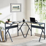 L-Shaped Desk Corner Computer Desk, Space-Saving & Multifunctional Home Office Desk Writing Workstation Study Desk with Round Corner (Dark Grey) W1314142146