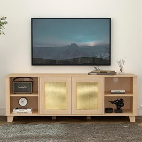64.4" Rattan TV Stand for 65/70 inch TV Living Room Storage Console Entertainment Center, 2 Open Doors W131463677