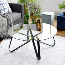 Round Coffee Table for Living Room, 31.5-inch Sofa Side End Table with Tempered Glass Top & Metal Legs, Accent Cocktail Tea Table, 31.5 x 31.5 x 15.6 inches, Black W131469797
