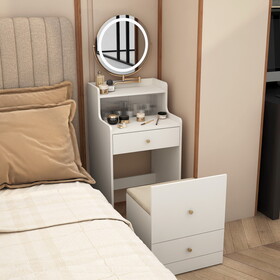 3 in 1 Vanity Desk with mirror and light,Small makeup vanity set with charging station, with 2 drawers and open storage space, with upholstered stool, Compact Dressing Table Writing Desk for Small Sp