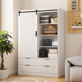 Tall Bedroom Armoire Wardrobe Closet Clothing Storage Cabinet with Hanging Rod Barn Door Drawers Open Shelves W1321S00013