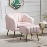 Velvet Accent Chair, Barrel Chair with Ottoman, Arm Pub Chair for Living Room/Bedroom/Nail Salon, Blush Pink, Golden Finished, Suitable for Small Spaces W133354291