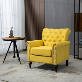 Mid-Century Accent Chair, Velvet Armchair with Tufted Back/Wood Legs, Upholstered Lounge Arm Chair Single Sofa for Living Room Bedroom, Yellow W133354605