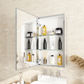 Single Medicine Cabinet with Mirrored Door, 15" Width x 26" Height, Aluminum, Frameless with Beveled Edges, One Size, Silver W135553715