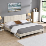 King Size Platform Bed Frame with Fabric Upholstered Headboard and Wooden Slats, No Box Spring Needed/Easy assembly, Dark Beige W135657665