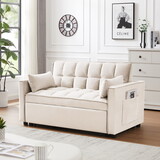 Velvet Loveseat Futon Sofa Couch w/Pullout Bed,Small Love Seat Lounge Sofa w/Reclining Backrest,Toss Pillows, Pockets,Furniture for Living Room,3 in 1 Convertible Sleeper Sofa Bed, creamy white