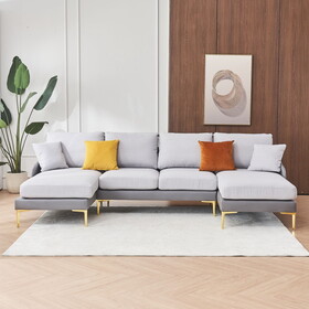 Modern large area Linen+Leathaire fabric color matching segmented sofa, ultra wide lounge chair, golden legs, U-shaped, double grey color W1361S00011