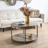 Round Wood Coffee Tables for Living Room, 2 Tier Farmhouse Circle Coffee Table with Metal Frame, Rustic Mid-Century Wooden Coffee Tables for Apartment, Easy assembly(32