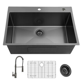 33inch Topmount 18Gauge Stainless Steel kitchen Sink with Black Spring Neck Faucet W1386137777