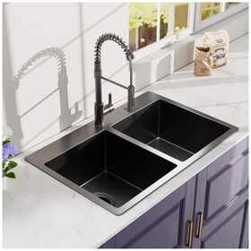 33x22inch Double Bowl Topmount Gunmetal Black Kitchen Sink 18Gauge Stainless Steel with Black Spring Neck Faucet W1386137807