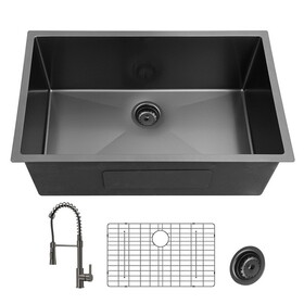 27inch Gunmetal Black Undermount 18 Guage Stainless Steel Kitchen Sink with Black Spring Neck Faucet W1386137811
