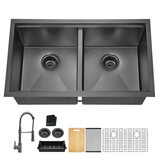 All in One 33x19inch Undermount Gunmetal Black Double Bowl Kitchen Sink 18 Guage Stainless Steel with Faucet W1386138252