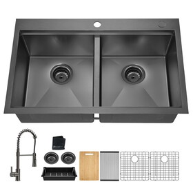 33x22 inch Gunmetal Black Topmount Double Bowl Workstation Kitchen Sink 18 Gauge Stainless Steel with Black Faucet W1386138329
