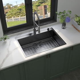 30x22inch Topmount Gunmetal Black 18 Gauge Stainless Steel Single Bowl Kitchen Sink with Faucet W1386138336
