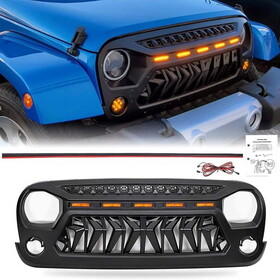 Front Matte Black Shark Grille Replacement Grill for Jeep Wrangler JK 2007-2017 with LED Lights W1387P176367