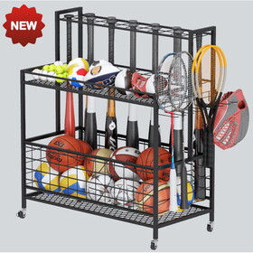 Sports Equipment Organizer, Basketball Storage Rack, Sports Organizer Cart with Basket and Hooks W1401141789