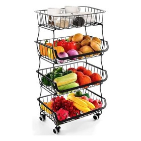 Fruit Vegetable Storage Basket for Kitchen - 4 tier Stackable Metal Wire Baskets Cart with Rolling Wheels Utility Fruits Rack Produce Snack Organizer Bins W140159245