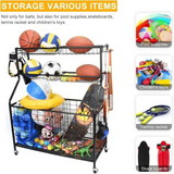 Sports Equipment Organizer, Sports Gear Basketball Storage with Baskets and Hooks, Ball Storage Rack, Garage Ball Storage, Sports Gear Storage, Rolling Sports Ball Storage Cart, Black W140165901
